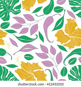 Seamless hand draw hibiscus, eucalyptus, philodendron pattern. Colorful vector