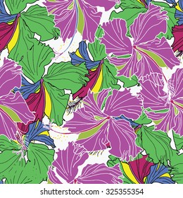 Seamless hand draw hibiscus pattern. Colorful vector