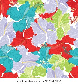 Seamless hand draw hibiscus pattern. Colorful vector