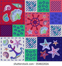 Seamless hand draw marine pattern in patchwork style with shells starfish wheel and anchor. Beautiful graphic sea background. Set of seamless marine background.