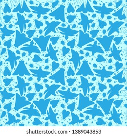 Seamless hand draw patten. Silhouettes of insects butterflies ladybugs beetles. Blue backgraund. Ideal for print, textile, fabric. Perfect for baby clothing and products for children.