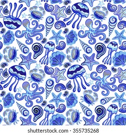 Seamless hand draw pattern with blue sea creatures. Marine background with jellyfish shells octopus starfish crab.