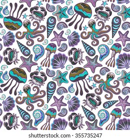 Seamless hand draw pattern with colorful sea creatures. Marine background with jellyfish shells octopus starfish crab.
