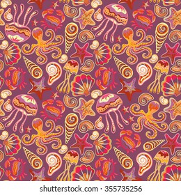Seamless hand draw pattern with colorful sea creatures. Marine background with jellyfish shells octopus starfish crab.