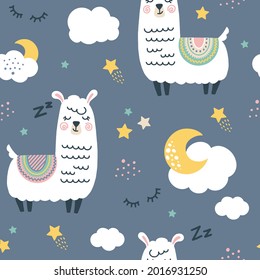 Seamless hand draw pattern with lama sleeping and moon, starry sky. Trendy scandinavian vector background with funny Alpaca. Perfect for kids nursery, fabric, textile, apparel, decoration, wrapping