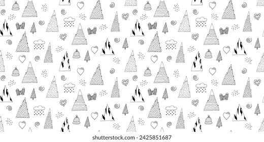 Seamless hand draw pattern with mountains, trees, hearts, hats in doodle style. Black line pattern on white background. Scandinavian style pattern for design. Minimalistic texture.