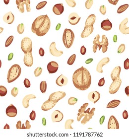 Seamless hand draw pattern with nuts. walnut, hazelnuts, peanuts, cashews, almonds, shell.