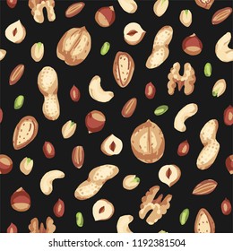 Seamless hand draw pattern with nuts. walnut, hazelnuts, peanuts, cashews, almonds, shell.