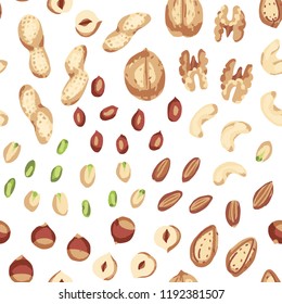 Seamless hand draw pattern with nuts. walnut, hazelnuts, peanuts, cashews, almonds, shell.