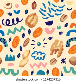 Seamless hand draw pattern with nutsdried fruits, berries, dried apricots, raisins, walnut, hazelnuts, peanuts, cashews, almonds, shell and abstract elements.