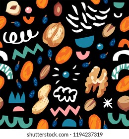 Seamless hand draw pattern with nutsdried fruits, berries, dried apricots, raisins, walnut, hazelnuts, peanuts, cashews, almonds, shell and abstract elements.
