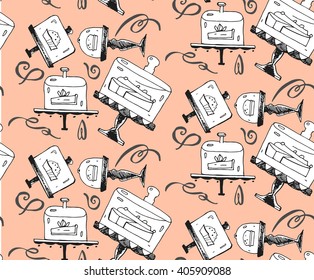 Seamless  hand draw pattern with pieces of cakes, cake stands and twirls in doodle vintage style. Hand drawn vector illustration.It can be used for signage, logos, branding, product launches.