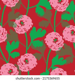 seamless hand draw pink buttercup flowers and green leaves pattern background , greeting card or fabric