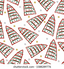 seamless hand draw red and green christmas tree with glitter pattern background