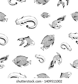 Seamless hand draw sketch of arwana, koi, nila and cat fish background, wallpaper and other

