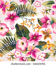 seamless hand draw tropical flower vector pattern