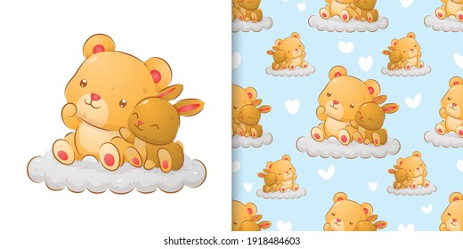 The seamless hand drawing of the bear and the rabbit sitting on the cloud of illustration