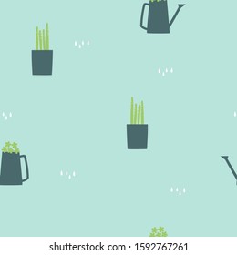 seamless hand drawing cactus and watering can repeat pattern in green background, nature concept, flat vector illustration design