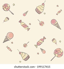 Seamless hand drawing children pattern with candies, ice-cream, cupcakes and stars