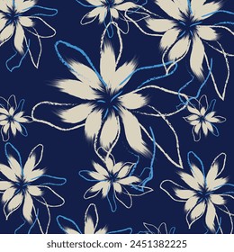 Seamless hand drawing pattern style in vector. A floral pattern textile tropical bicolor flower and leaves miniprint animal geometric textile clothes