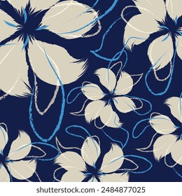 A Seamless hand drawing patterns. A blue and grey floral textile tropical bicolor flower and leaves miniprint. A flowers geometric textile for cloth