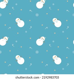 seamless hand drawing snowman, candy cane,star, snowflake repeat pattern in blue background, holiday winter season weather element, merry christmas and happy new year, flat vector illustration design