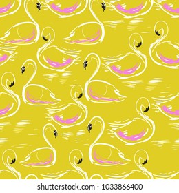Seamless hand drawing swans pattern. trandy yellow background with dry brush birds can be used for wallpaper, pattern fills, web page, fabric print, postcards.