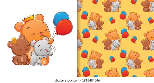 El dibujo manual sin fisuras de los tres osos con un color diferente que toca los globos de la ilustración