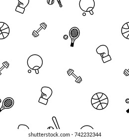 Seamless of hand drawing vector doodle icons set of sport equipment elements including baseball, basketball, dumbbell, tabletennis, tennis and boxing gloves, repeating sport wallpaper.
