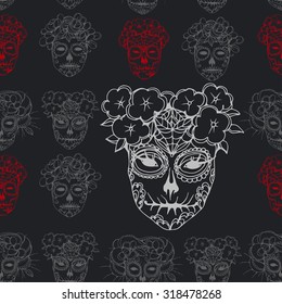 seamless hand drawing  vector white and red skulls silhouette with flowers for halloween and tattoo design