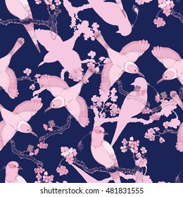 Seamless hand drawing vintage pattern with little birds in chinoiserie style for wallpaper, wrapping paper, wedding , textile and scrapbooking design. Vector illustration.
