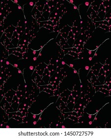 Seamless Hand Drawn Abstract Branches Cherry Blossom Vector Pattern Isolated Background