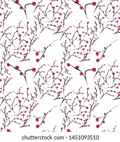Seamless Hand Drawn Abstract Branches Cherry Blossom Vector Pattern Isolated Background