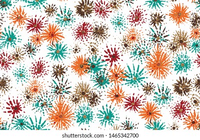 Seamless Hand Drawn Abstract Colorful Sparkles Stars Geometric Floral Shapes Vector Pattern Isolated Background