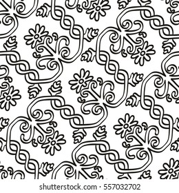 Seamless hand drawn abstract flowers and leaf ornament pattern