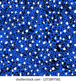 Seamless Hand Drawn Abstract Geometric Shapes Dots Leopard Animal Skin Vector Pattern Isolated Electric Blue Background