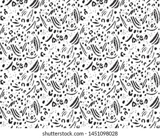 Seamless Hand Drawn Abstract Leopard Cheetah Zebra Mix Vector Pattern with Ink Stains Background