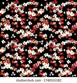 Seamless Hand Drawn Abstract of Mini Flowers Repeating Vector Pattern on Black Background Ready for Textile Prints.