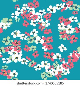 Seamless Hand Drawn Abstract of Mini Flowers Repeating Vector Pattern on Dark Mint Background Ready for Textile Prints.