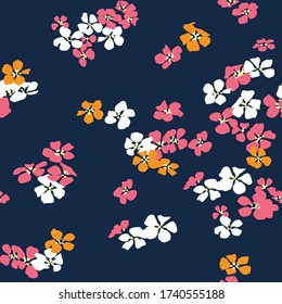 Seamless Hand Drawn Abstract of Mini Flowers Repeating Vector Pattern on Dark Blue Background Ready for Textile Prints.