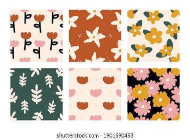 Seamless Hand drawn abstract organic flowers and leaves shapes patterns