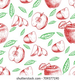 Seamless of hand drawn apple. Vintage sketch style illustration. Organic eco food. Whole , sliced pieces half,leaves and flowers leave sketch. Fruit engraved style illustration.