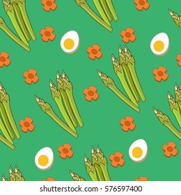 Seamless Hand Drawn Asparagus Pattern with Eggs and Carrot