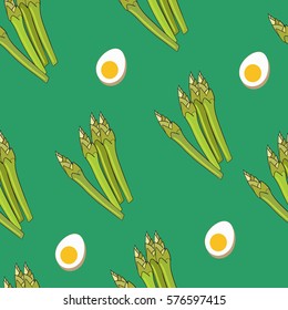 Seamless Hand Drawn Asparagus Pattern with Eggs