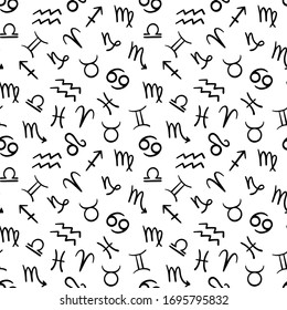Seamless hand drawn astrological vector pattern. Black contoured zodiac signs isolated on white background. Simple esoteric illustration. Perfect for wallpaper or fabric.