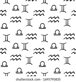 Seamless hand drawn astrological vector pattern. Black contoured air zodiac signs isolated on white background. Gemini, Libra, Aquarius. Monochrome illustration. Perfect for wallpaper or fabric.