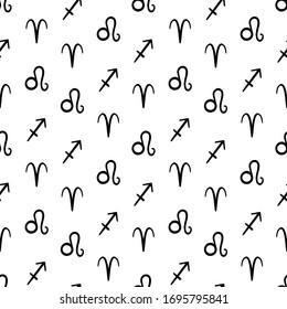 Seamless hand drawn astrological vector pattern. Black contoured fire zodiac signs isolated on white background. Aries, Leo, Sagittarius. Monochrome illustration. Perfect for wallpaper or fabric.