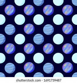 Seamless hand drawn astronomical vector pattern. Colorful planets isolated on dark blue background. Uranus, Neptune and Mercury. Simple science illustration. Perfect for wallpaper or fabric.