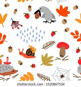 Seamless hand drawn autumn cute pattern with wild animals decorated with leaves, mushrooms, raindrops, a bunch of rowan berries, acorns. Vector.