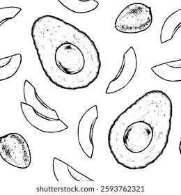 Seamless hand drawn avocado pattern in black and white, perfect for textiles, wrapping paper, and kitchen decor. Vintage style vector illustration with detailed line art. With an isolated backgrounds